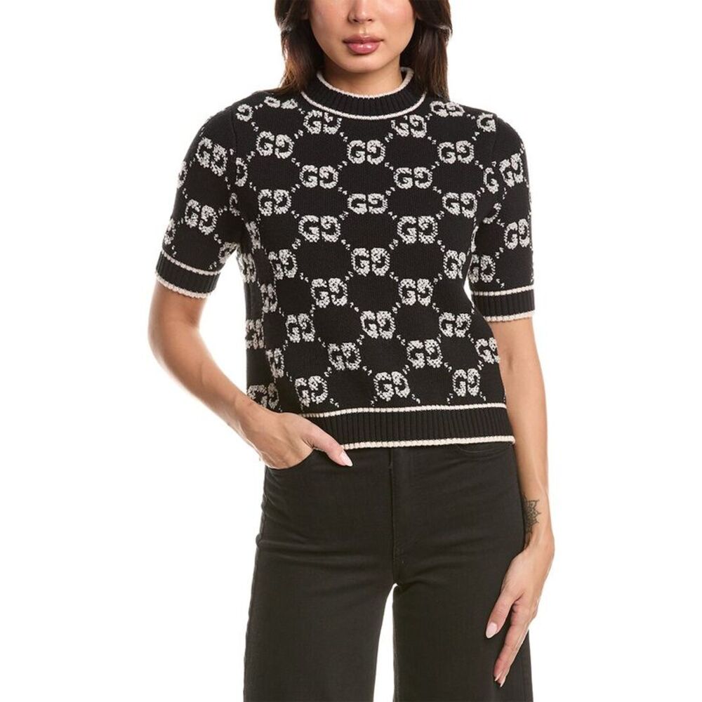 Gucci Womens  Wool Boucle Jacquard Sweater, Black